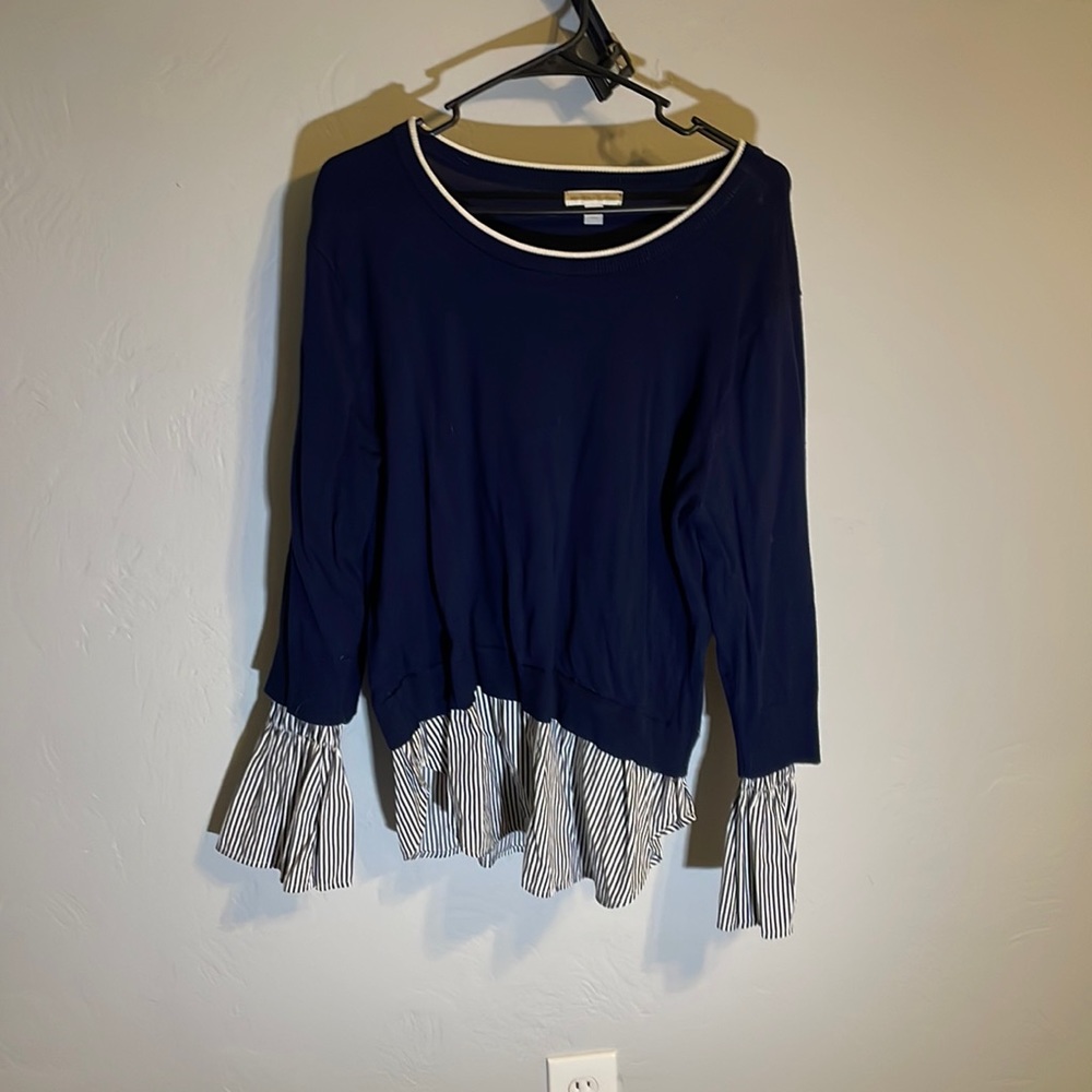 Faux layered sweater and dress shirt with bell sleeves